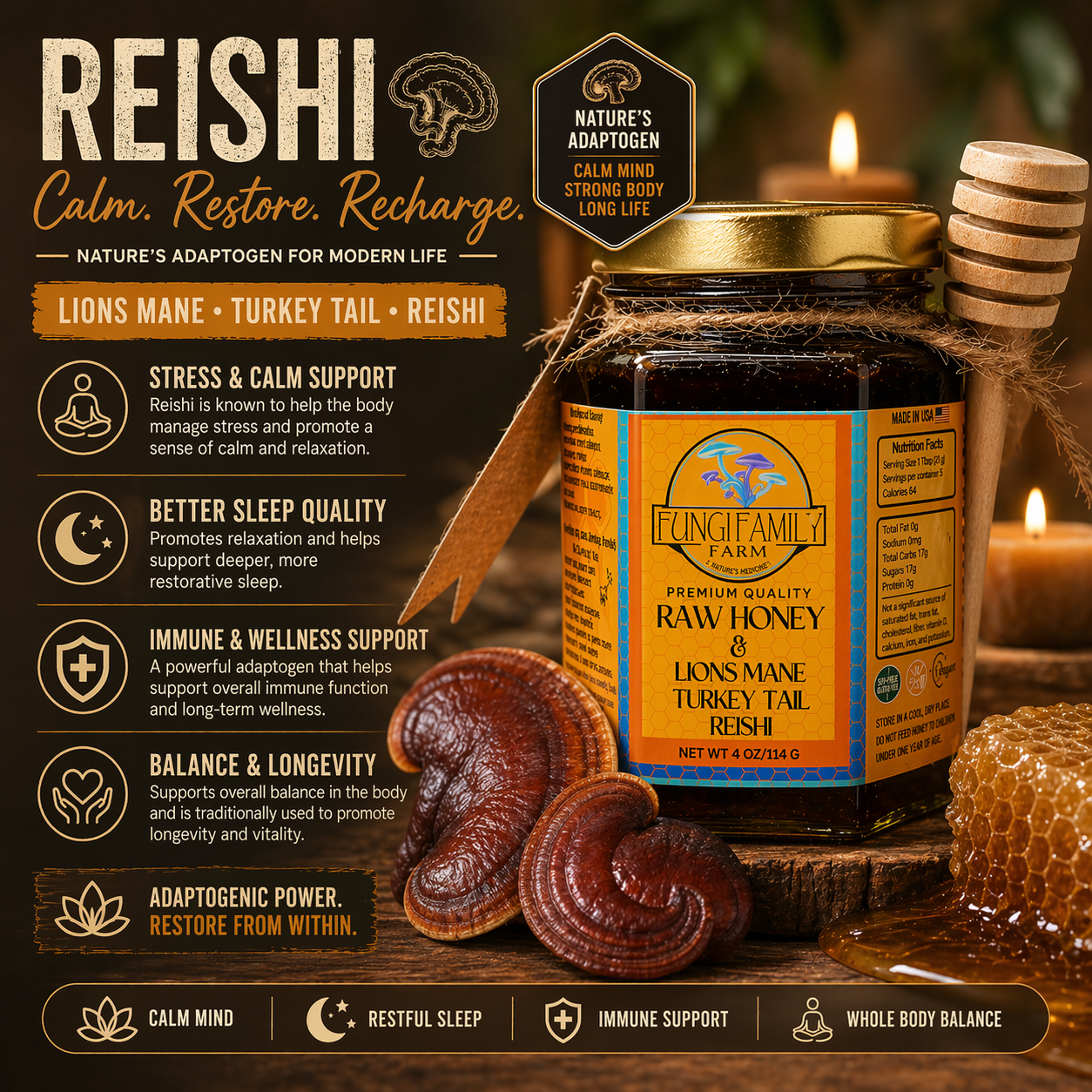 Mushroom Infused Honey – Lion’s Mane, Reishi, Turkey Tail (3 oz)