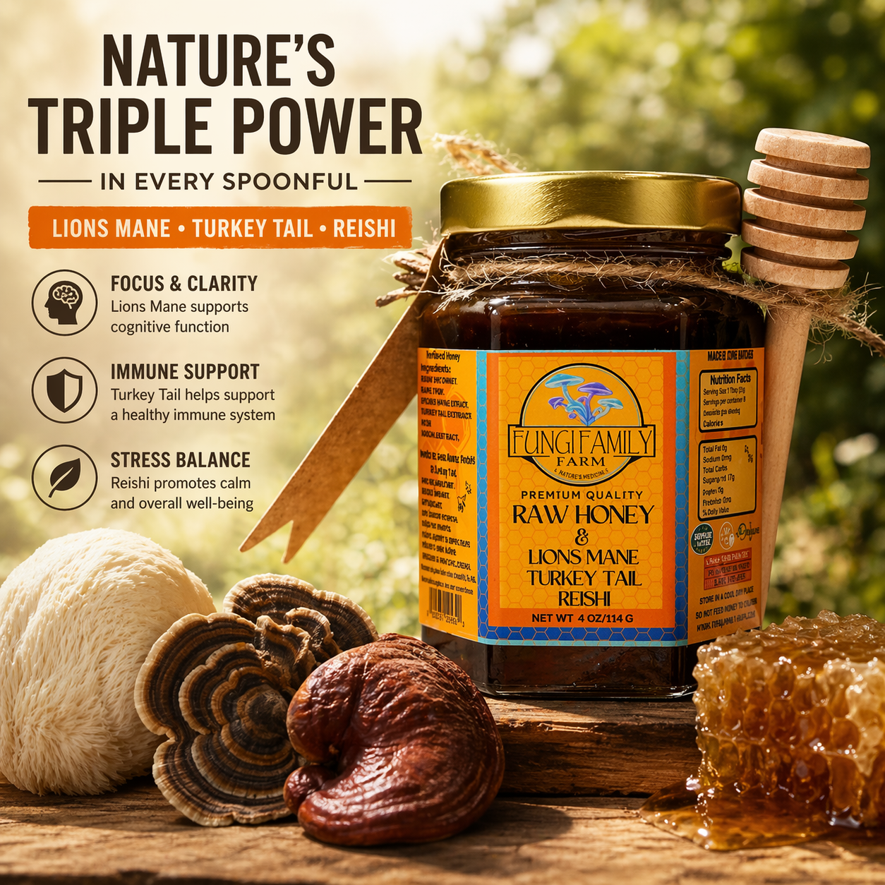 Mushroom Infused Honey – Lion’s Mane, Reishi, Turkey Tail (3 oz)