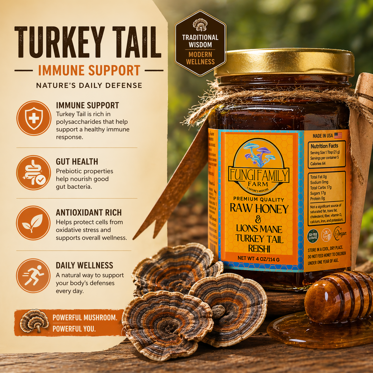 Mushroom Infused Honey – Lion’s Mane, Reishi, Turkey Tail (3 oz)