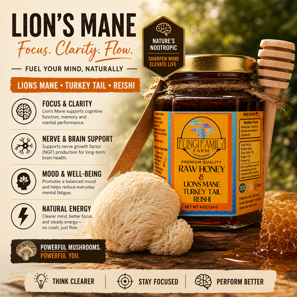 Mushroom Infused Honey – Lion’s Mane, Reishi, Turkey Tail (3 oz)