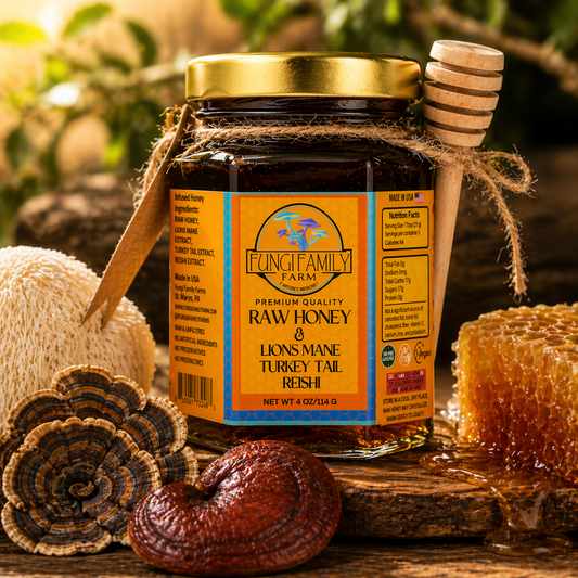 Mushroom Infused Honey – Lion’s Mane, Reishi, Turkey Tail (3 oz)