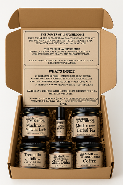 Ultimate Mushroom Wellness Gift Set – Superfood Drinks, Tremella Glow Serum, and Tremella & Tallow Balm | Handcrafted on Maui